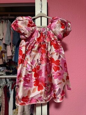 Girls' Pink & Red Floral Puff-Sleeve Dress